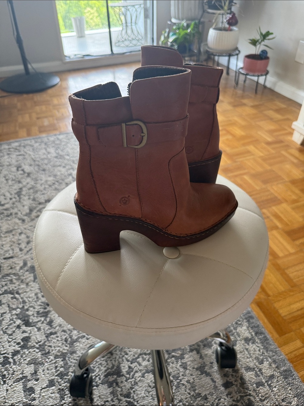 Born Brown Leather Mid Heel Ankle Booties with Buckle